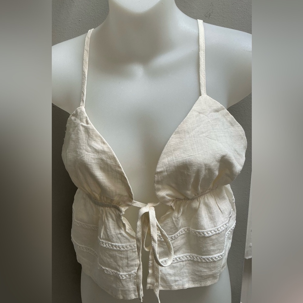 Women's Peplum Crop Top Tie Front V Neck Spaghetti Strap Flared Cami Top